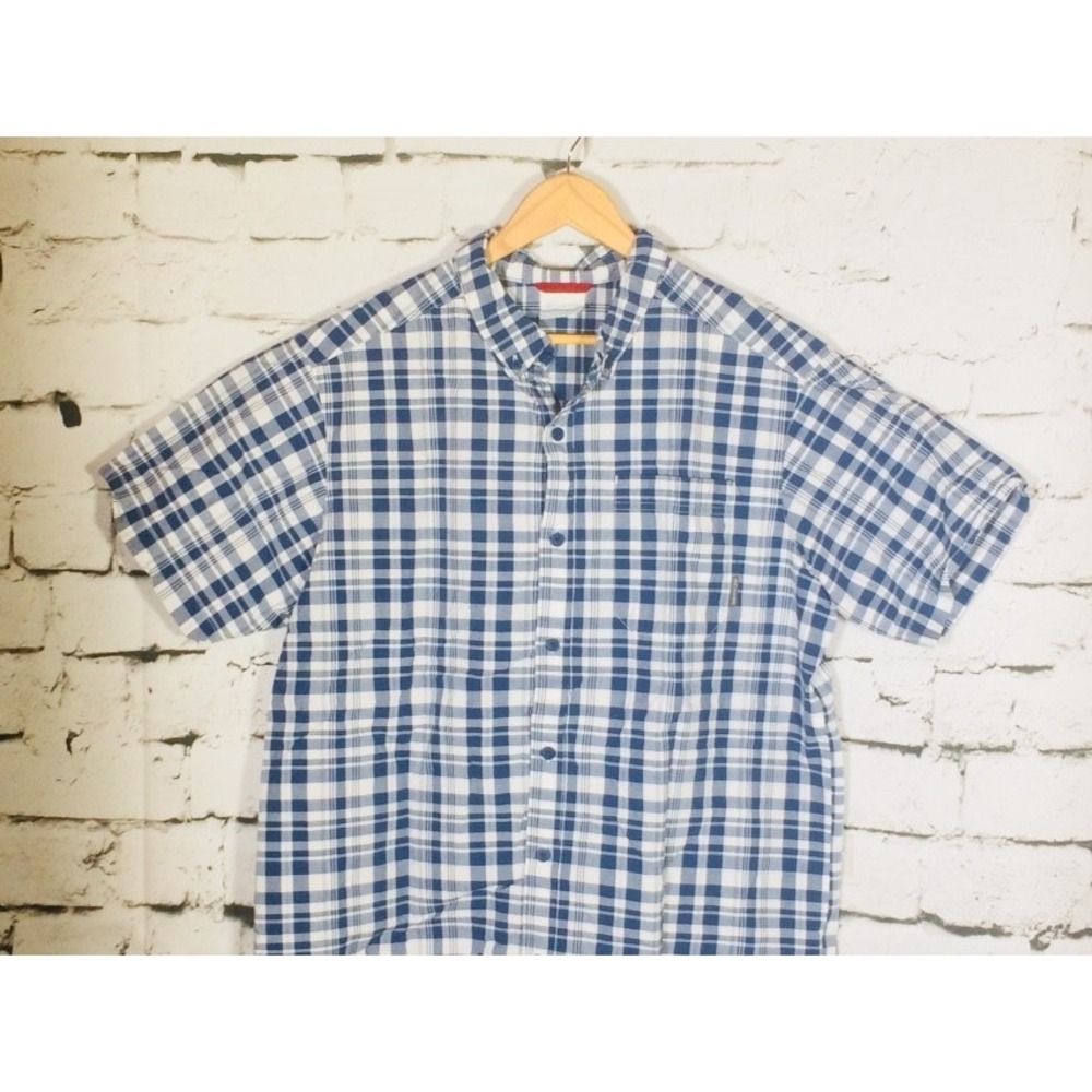 Columbia Mens Shirt Large Blue White Plaid Short Sleeve Button Down Casual